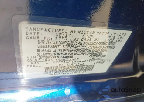 2018 Nissan Versa 1.6 Sv z USA, uszkodzony, nr VIN 3N1CN7AP6JL845459